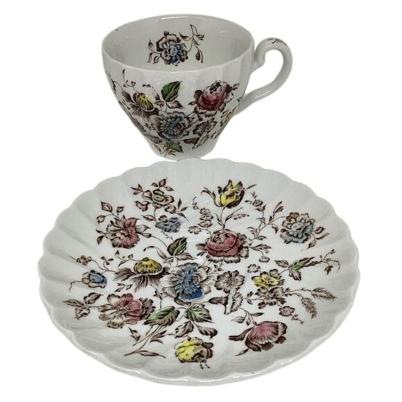 Staffordshire Bouquet Coffee Cup Saucer Ironstone Johnson Bros England Vintage - Picture 2 of 11